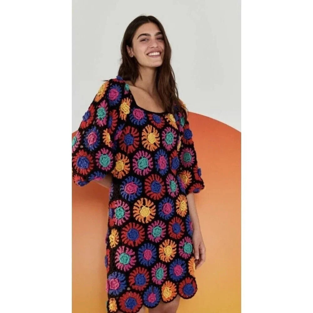 Farm Rio Crochet Flowers Mini Dress Women's Size S